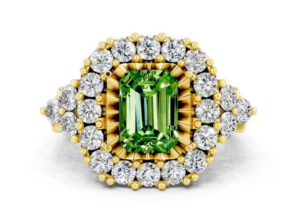 Yellow gold Emerald Cut Peridot Halo Ring with Pavé Band and Four-Prong Setting