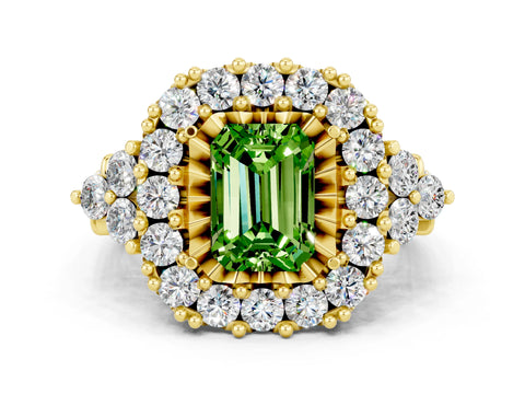 Yellow gold Emerald Cut Peridot Halo Ring with Pavé Band and Four-Prong Setting_12