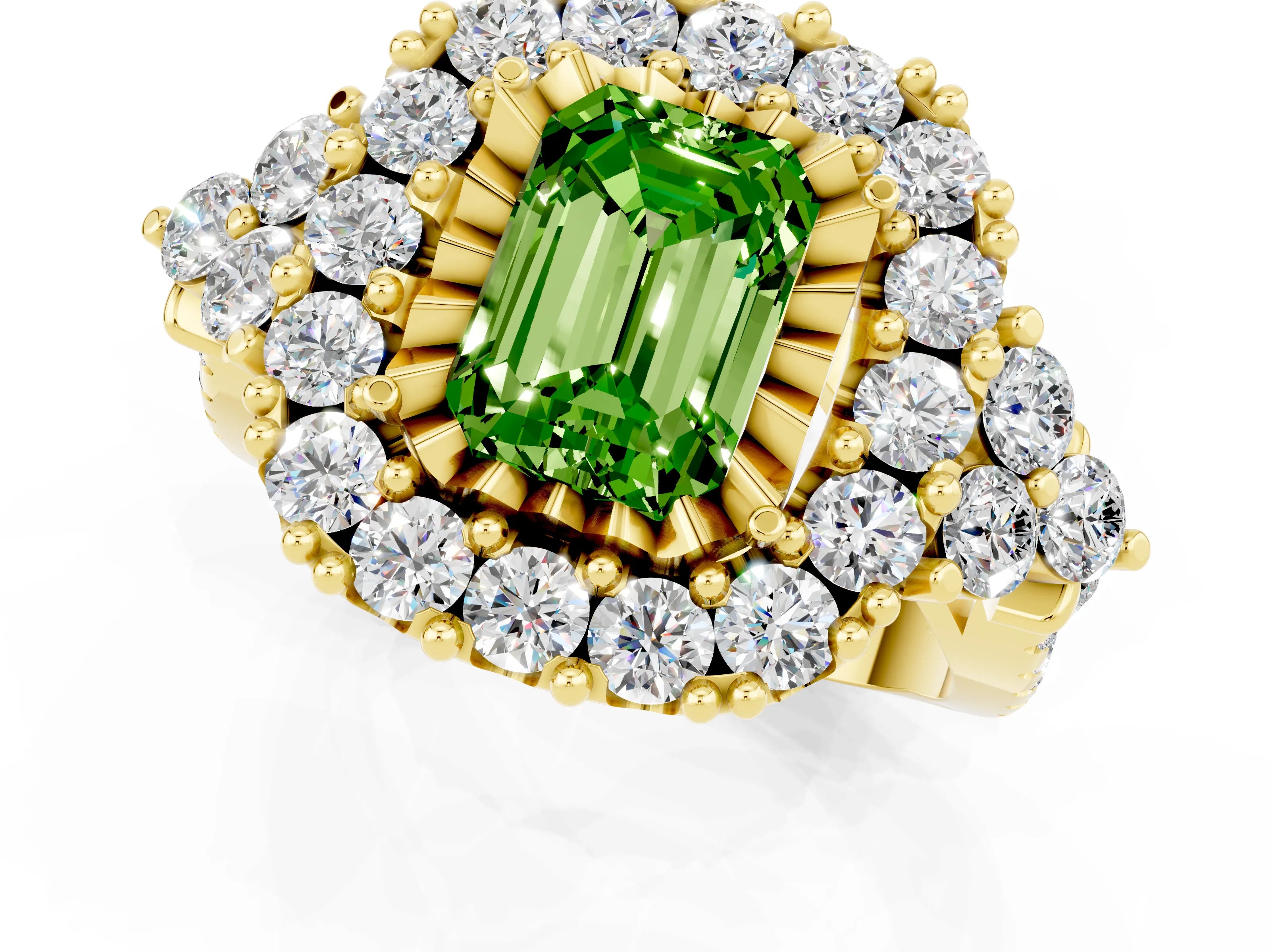Yellow gold Emerald Cut Peridot Halo Ring with Pavé Band and Four-Prong Setting_13