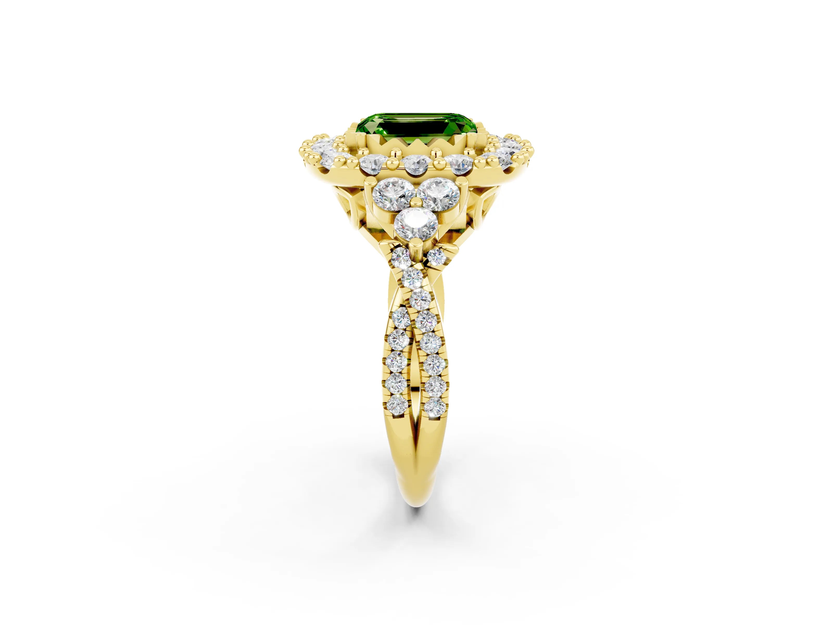 Yellow gold Emerald Cut Peridot Halo Ring with Pavé Band and Four-Prong Setting_14