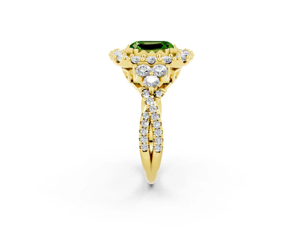 Yellow gold Emerald Cut Peridot Halo Ring with Pavé Band and Four-Prong Setting