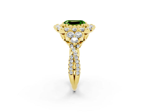 Yellow gold Emerald Cut Peridot Halo Ring with Pavé Band and Four-Prong Setting_14