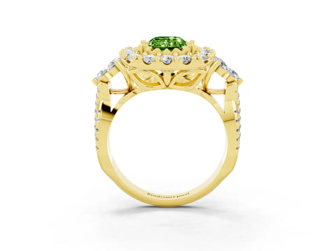 Yellow gold Emerald Cut Peridot Halo Ring with Pavé Band and Four-Prong Setting_15