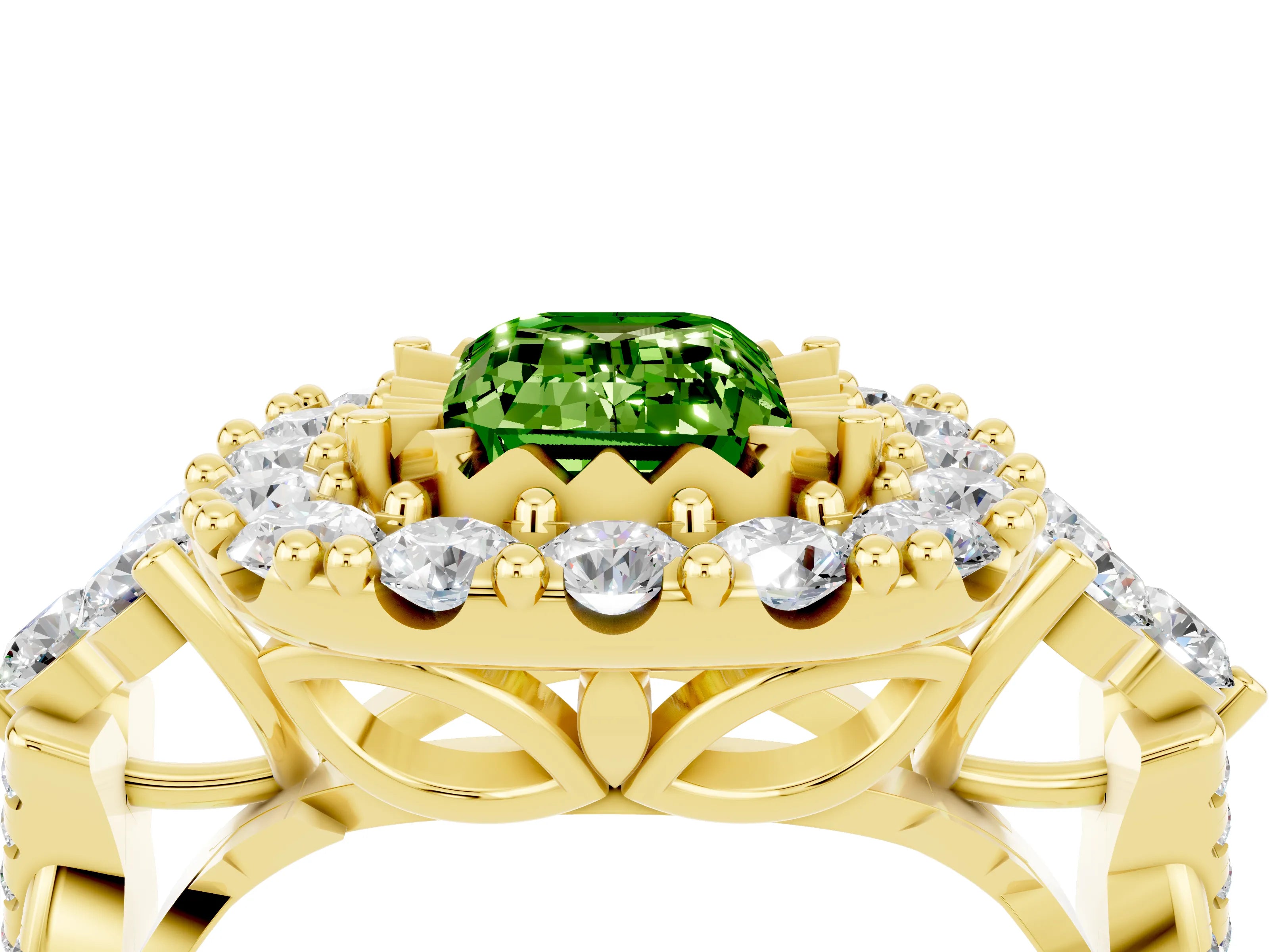Yellow gold Emerald Cut Peridot Halo Ring with Pavé Band and Four-Prong Setting_16