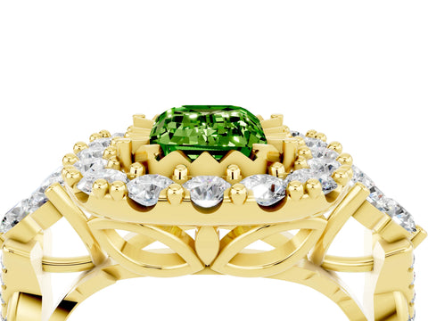 Yellow gold Emerald Cut Peridot Halo Ring with Pavé Band and Four-Prong Setting_16