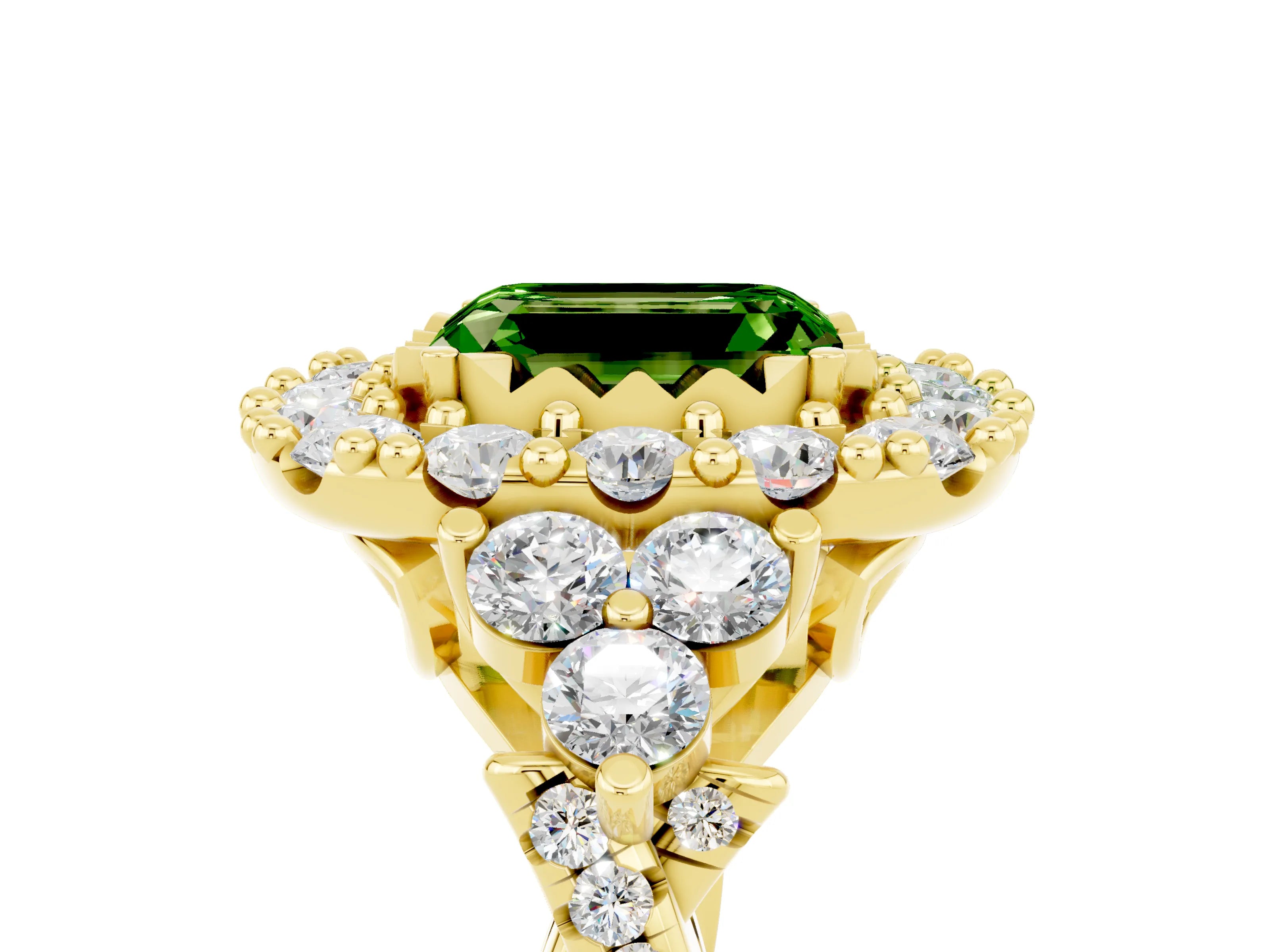 Yellow gold Emerald Cut Peridot Halo Ring with Pavé Band and Four-Prong Setting_17