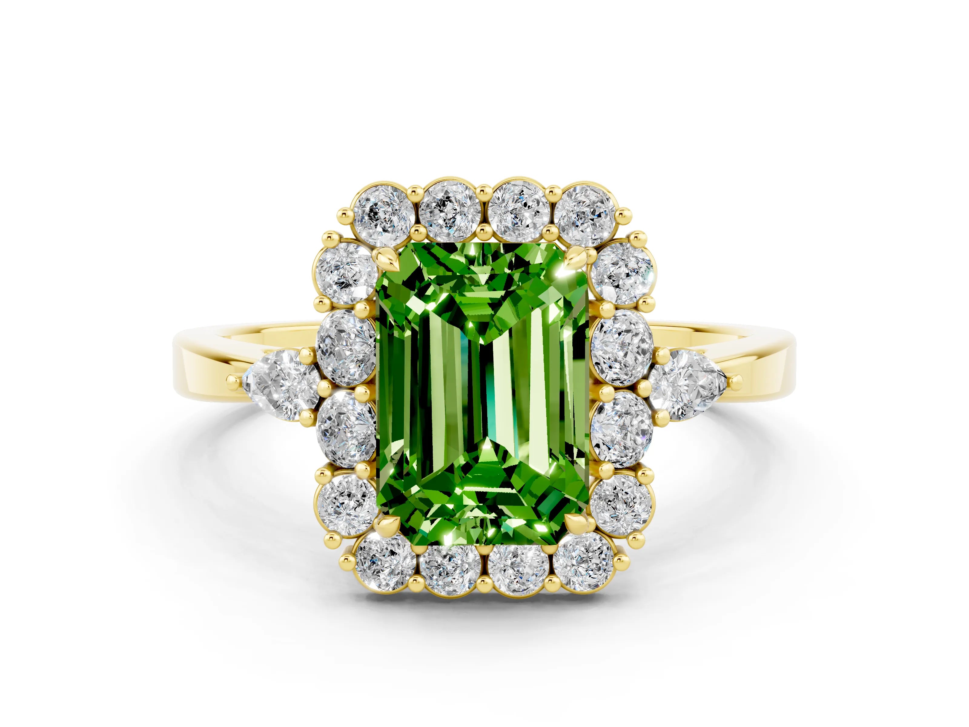 Yellow gold Emerald Cut Peridot Halo Ring with Pear Side Stones and Prong Setting_12