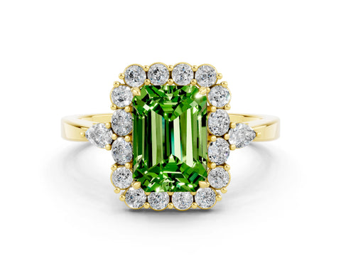 Yellow gold Emerald Cut Peridot Halo Ring with Pear Side Stones and Prong Setting_12