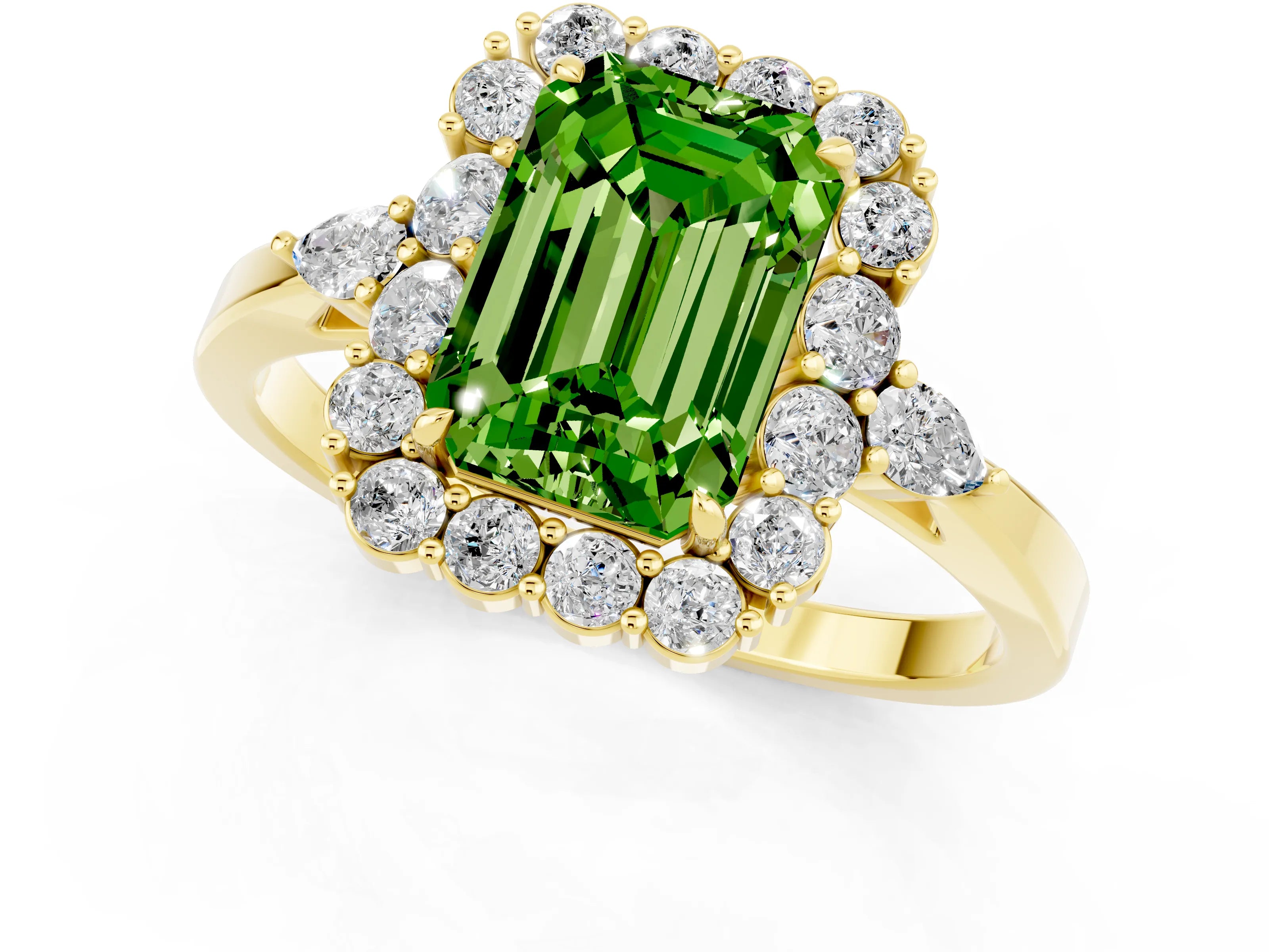 Yellow gold Emerald Cut Peridot Halo Ring with Pear Side Stones and Prong Setting_13