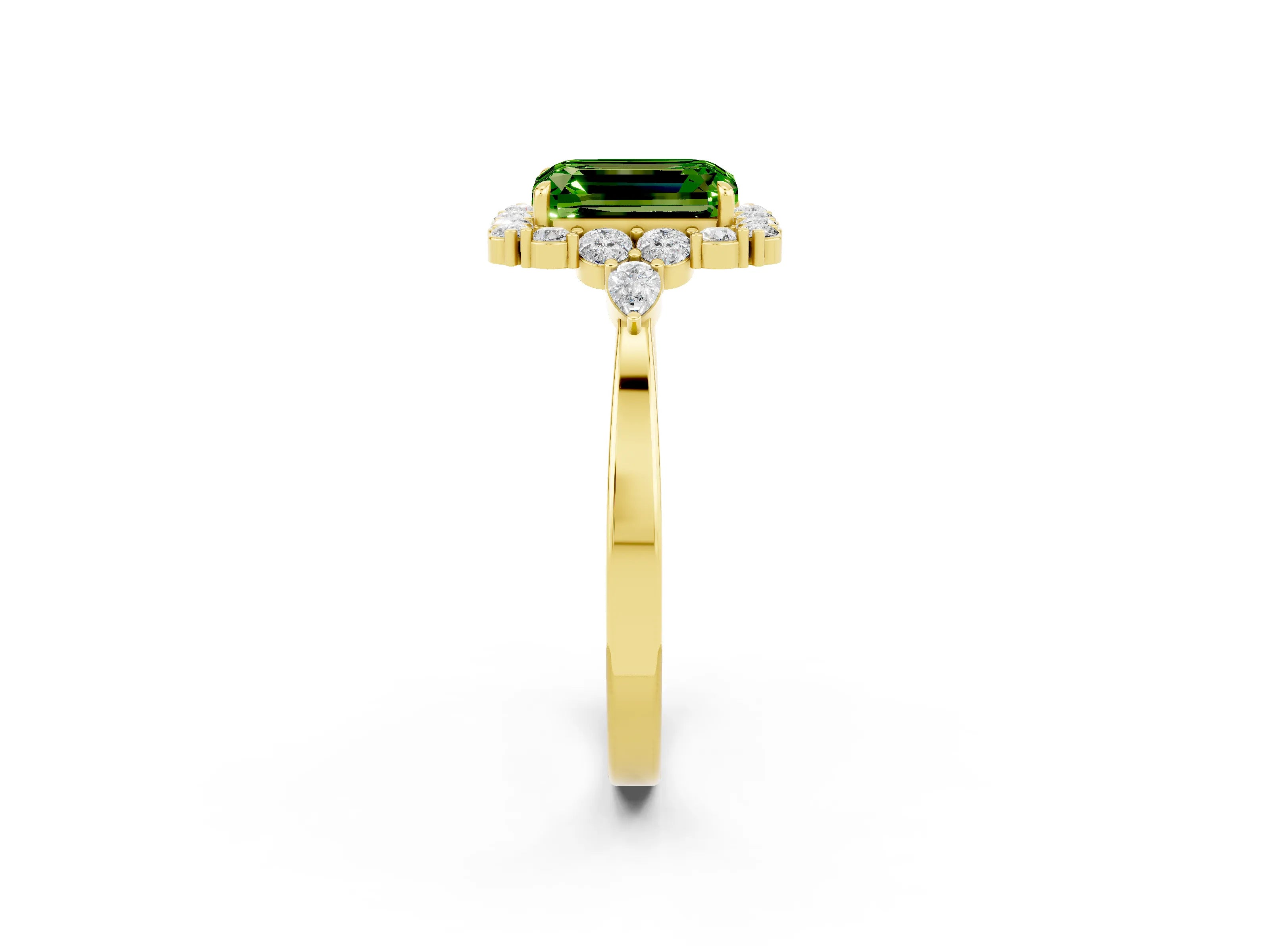Yellow gold Emerald Cut Peridot Halo Ring with Pear Side Stones and Prong Setting_14