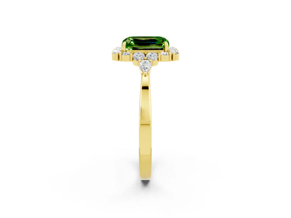 Yellow gold Emerald Cut Peridot Halo Ring with Pear Side Stones and Prong Setting