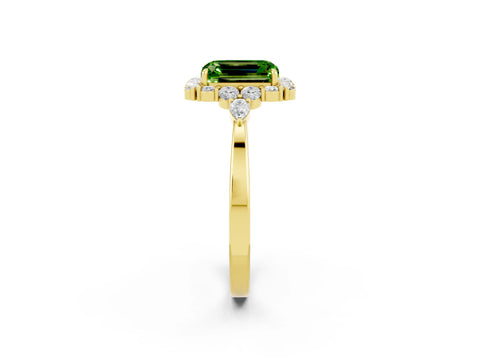 Yellow gold Emerald Cut Peridot Halo Ring with Pear Side Stones and Prong Setting_14