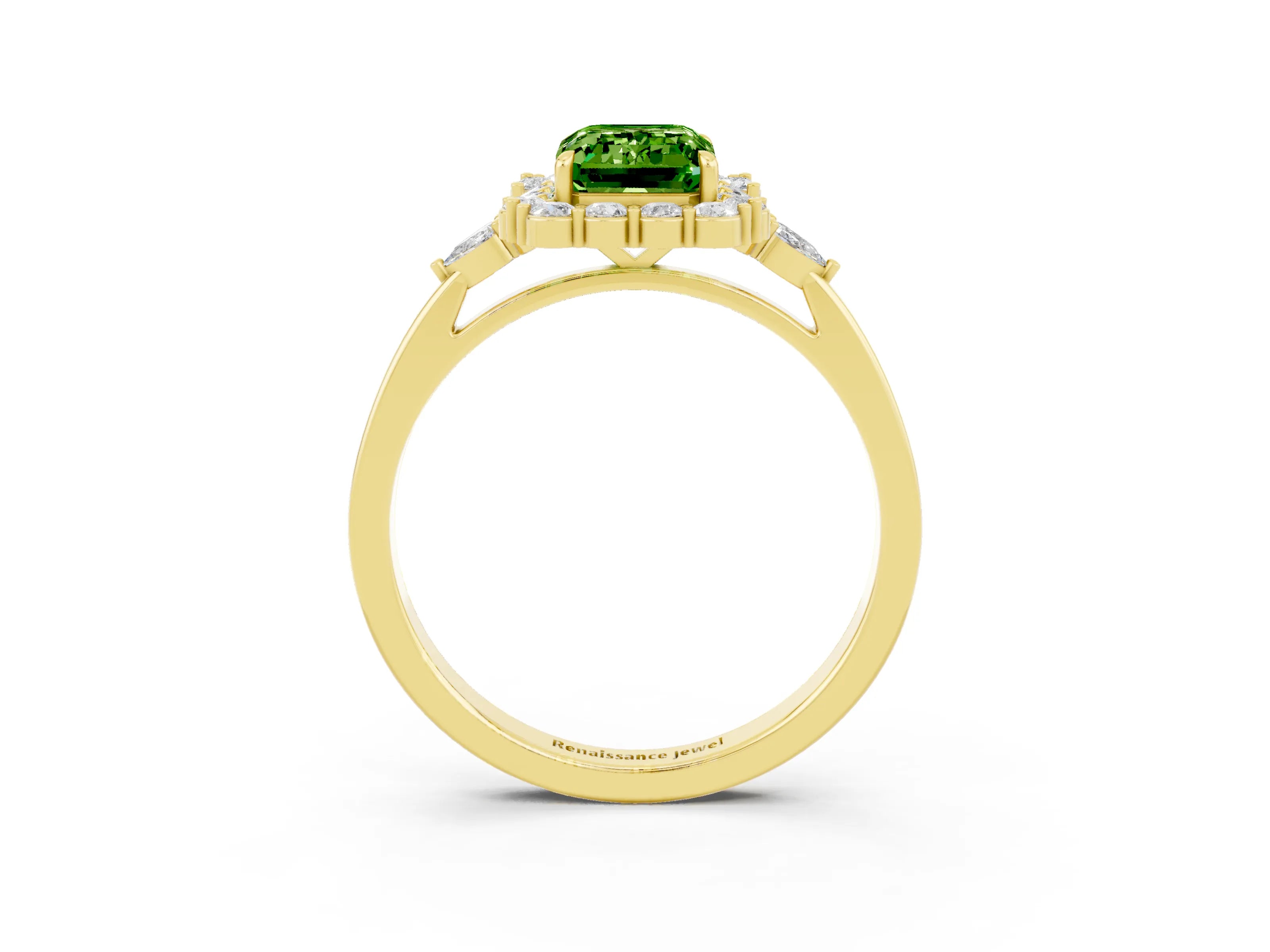 Yellow gold Emerald Cut Peridot Halo Ring with Pear Side Stones and Prong Setting_15