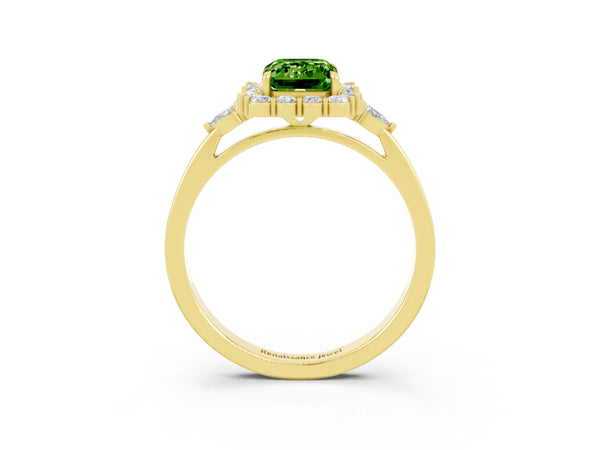 Yellow gold Emerald Cut Peridot Halo Ring with Pear Side Stones and Prong Setting