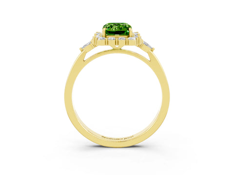 Yellow gold Emerald Cut Peridot Halo Ring with Pear Side Stones and Prong Setting_15