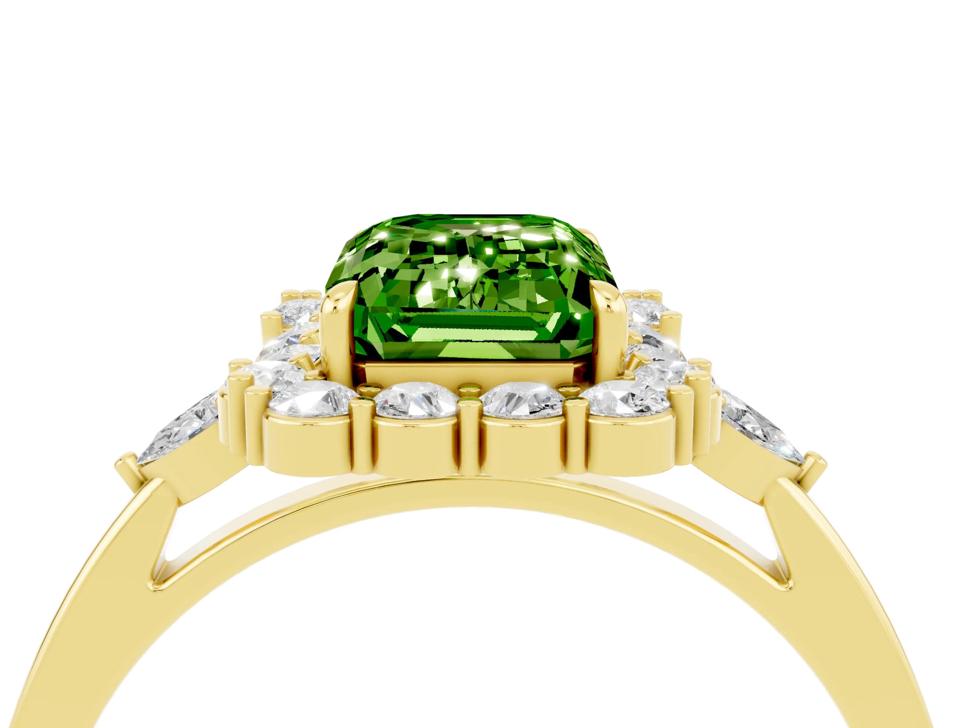 Yellow gold Emerald Cut Peridot Halo Ring with Pear Side Stones and Prong Setting_16