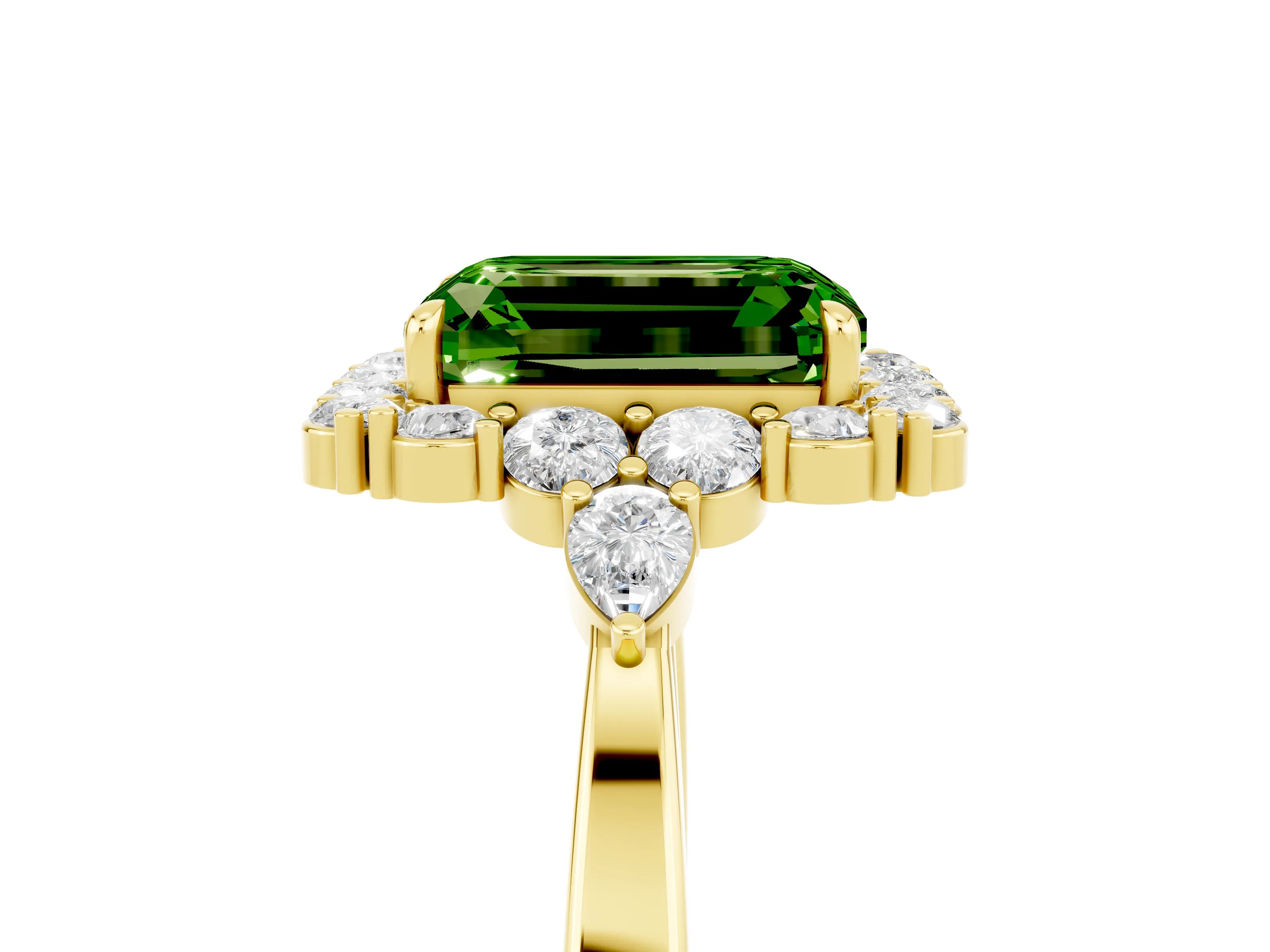 Yellow gold Emerald Cut Peridot Halo Ring with Pear Side Stones and Prong Setting_17
