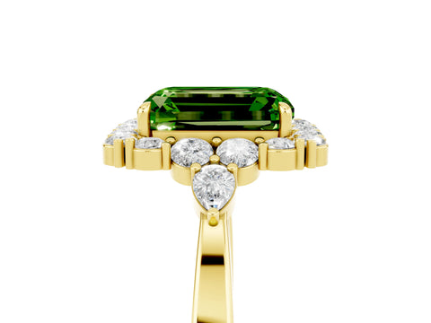 Yellow gold Emerald Cut Peridot Halo Ring with Pear Side Stones and Prong Setting_17