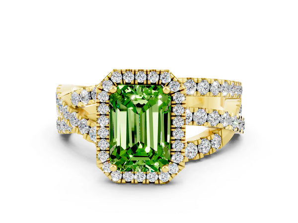 Yellow gold Emerald Cut Peridot Halo Ring with Round Split Shank and Prong Setting