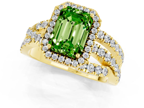 Yellow gold Emerald Cut Peridot Halo Ring with Round Split Shank and Prong Setting