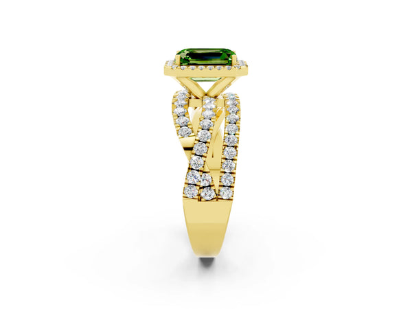 Yellow gold Emerald Cut Peridot Halo Ring with Round Split Shank and Prong Setting