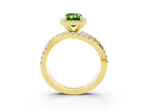 Yellow gold Emerald Cut Peridot Halo Ring with Round Split Shank and Prong Setting