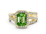 Yellow gold Emerald Cut Peridot Halo Ring with Round Split Shank and Prong Setting_48
