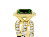 Yellow gold Emerald Cut Peridot Halo Ring with Round Split Shank and Prong Setting_53