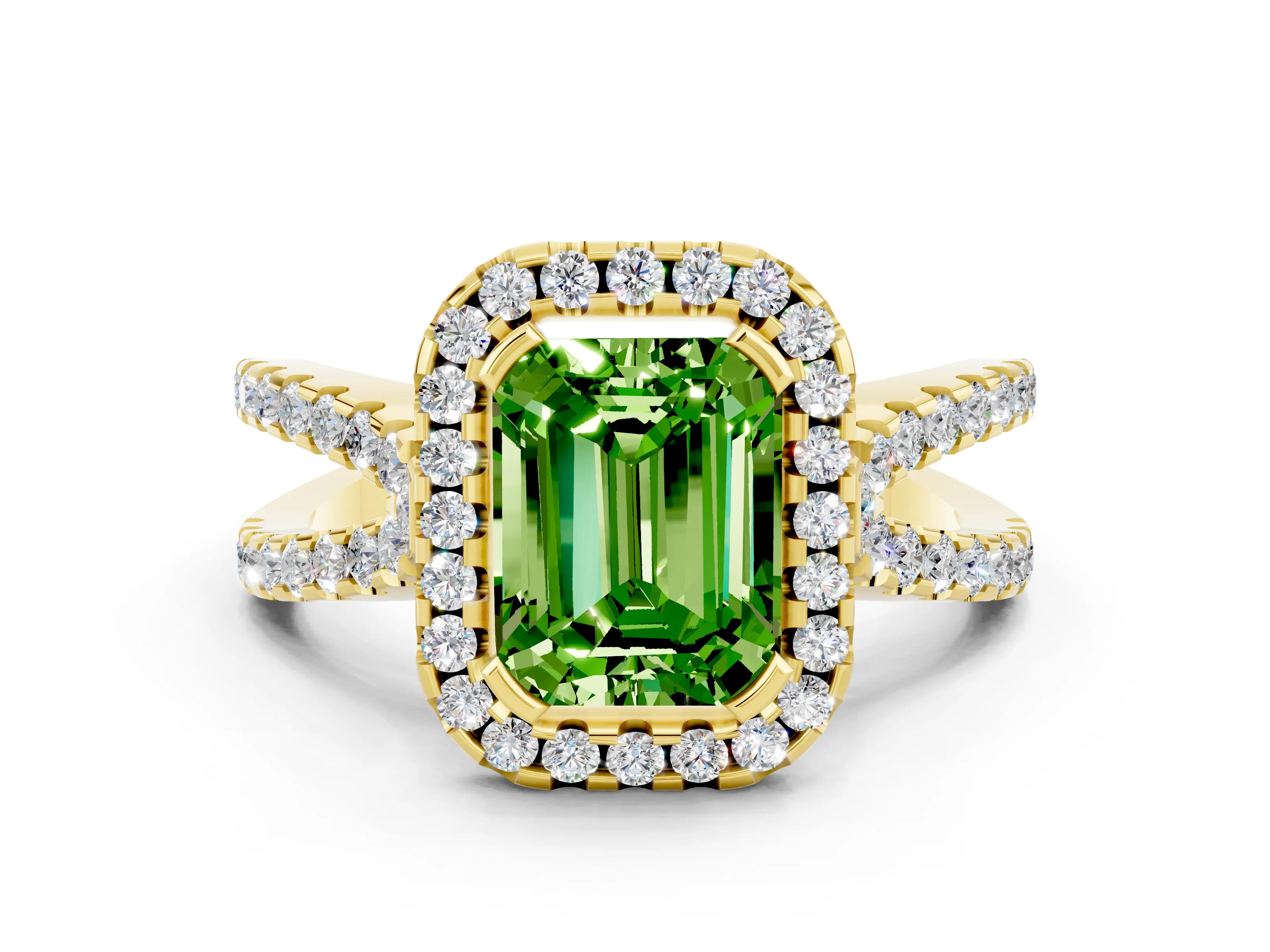 Yellow gold Emerald Cut Peridot Halo Ring with Split Shank Pavé Band and Prong Setting