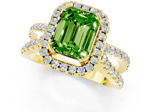 Yellow gold Emerald Cut Peridot Halo Ring with Split Shank Pavé Band and Prong Setting_1
