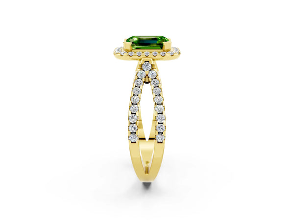 Yellow gold Emerald Cut Peridot Halo Ring with Split Shank Pavé Band and Prong Setting