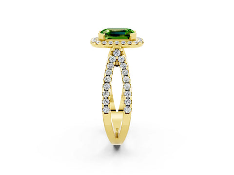 Yellow gold Emerald Cut Peridot Halo Ring with Split Shank Pavé Band and Prong Setting_2