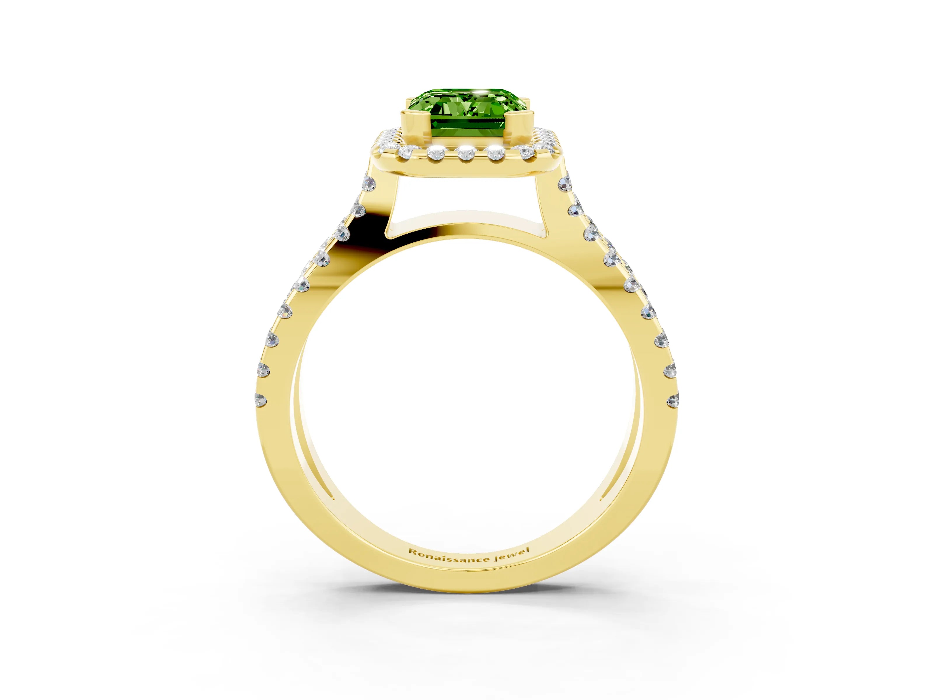 Yellow gold Emerald Cut Peridot Halo Ring with Split Shank Pavé Band and Prong Setting_3