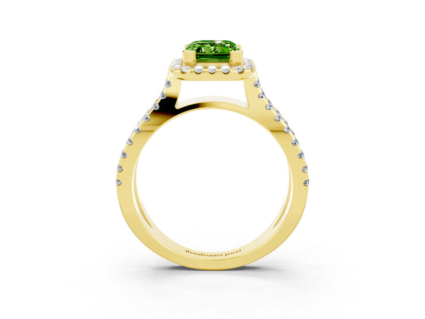 Yellow gold Emerald Cut Peridot Halo Ring with Split Shank Pavé Band and Prong Setting