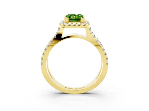 Yellow gold Emerald Cut Peridot Halo Ring with Split Shank Pavé Band and Prong Setting_3