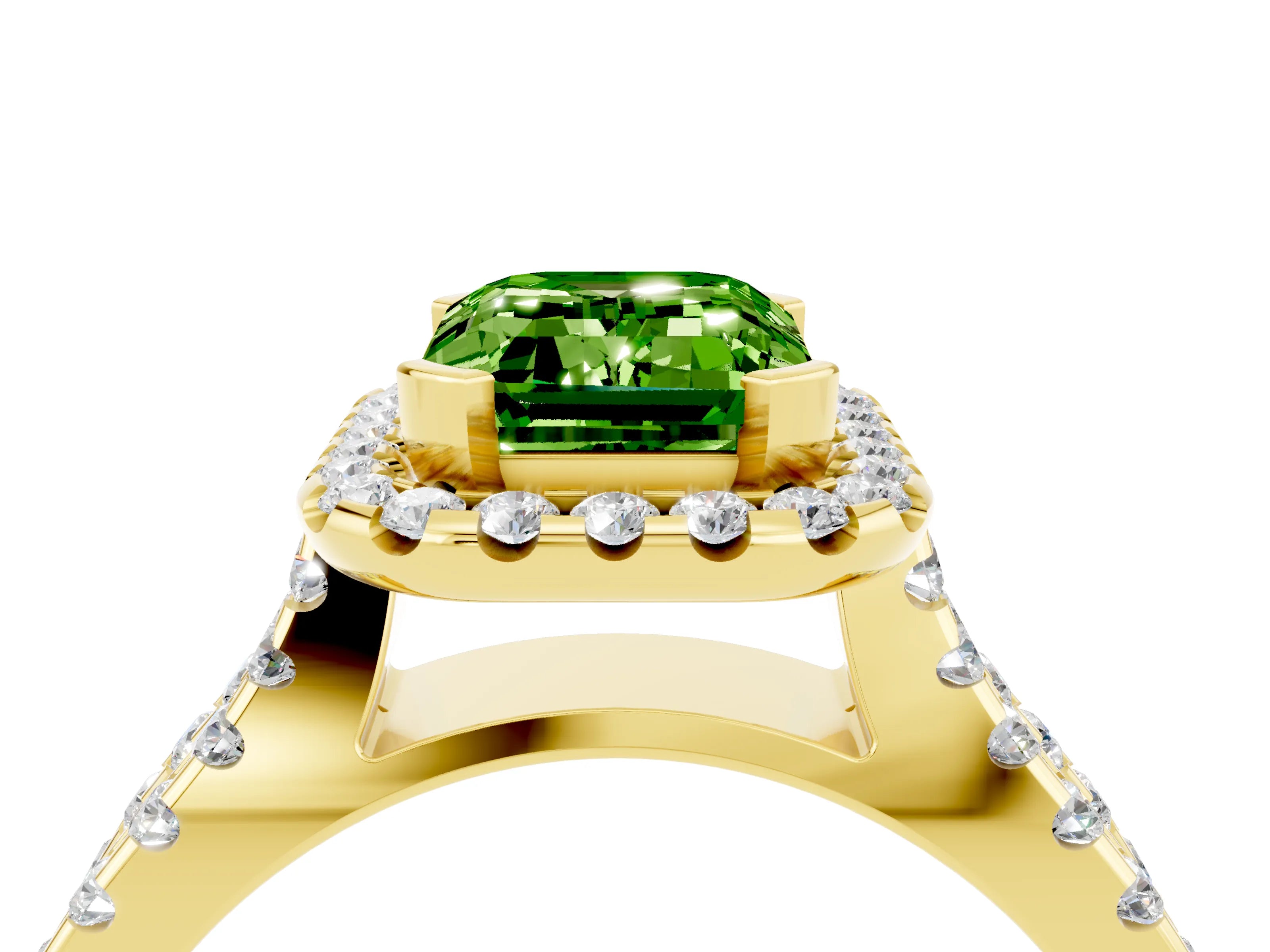 Yellow gold Emerald Cut Peridot Halo Ring with Split Shank Pavé Band and Prong Setting_4