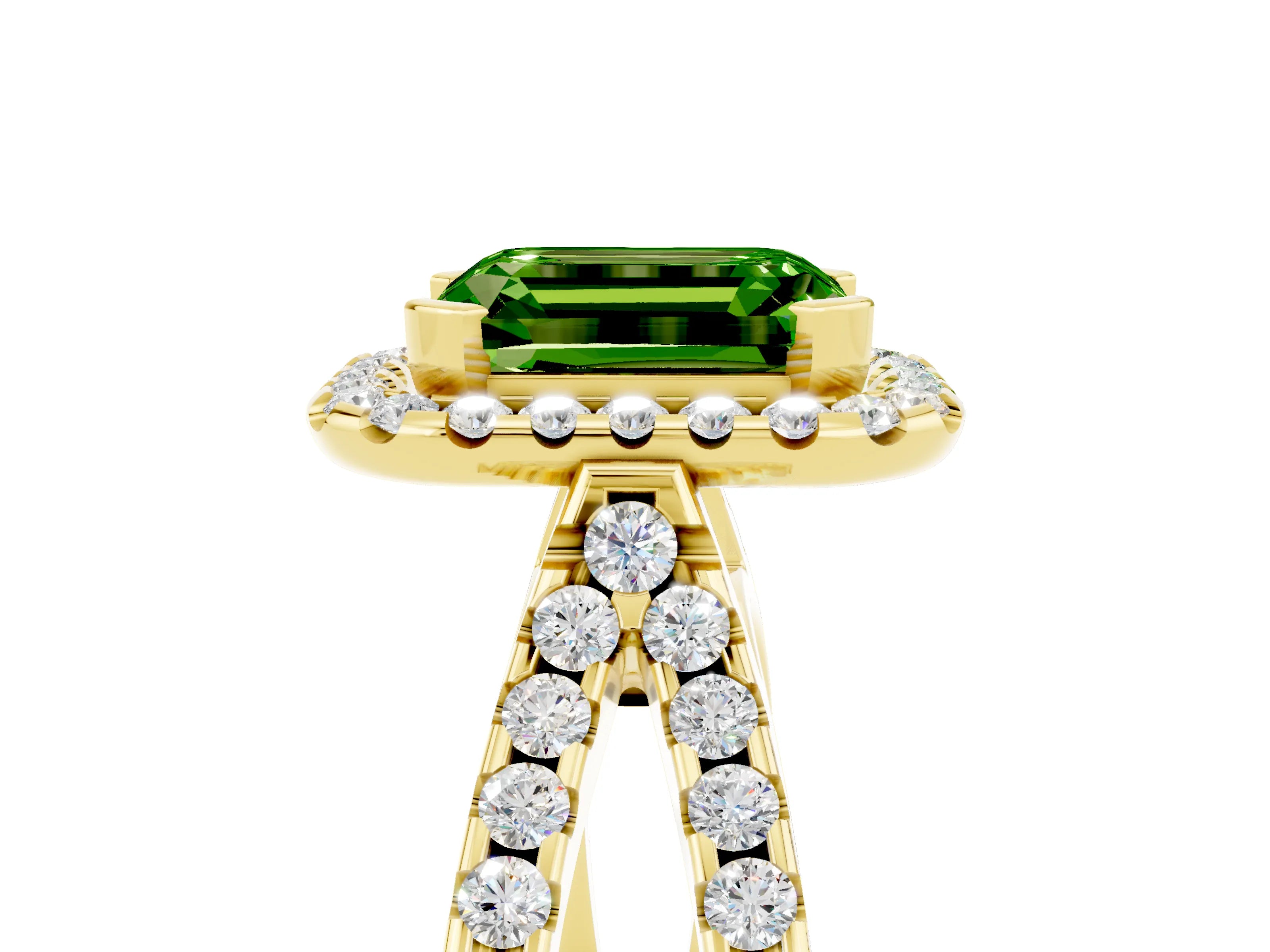 Yellow gold Emerald Cut Peridot Halo Ring with Split Shank Pavé Band and Prong Setting_5