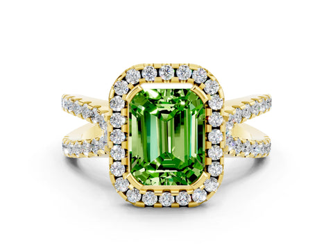 Yellow gold Emerald Cut Peridot Halo Ring with Split Shank Pavé Band and Prong Setting