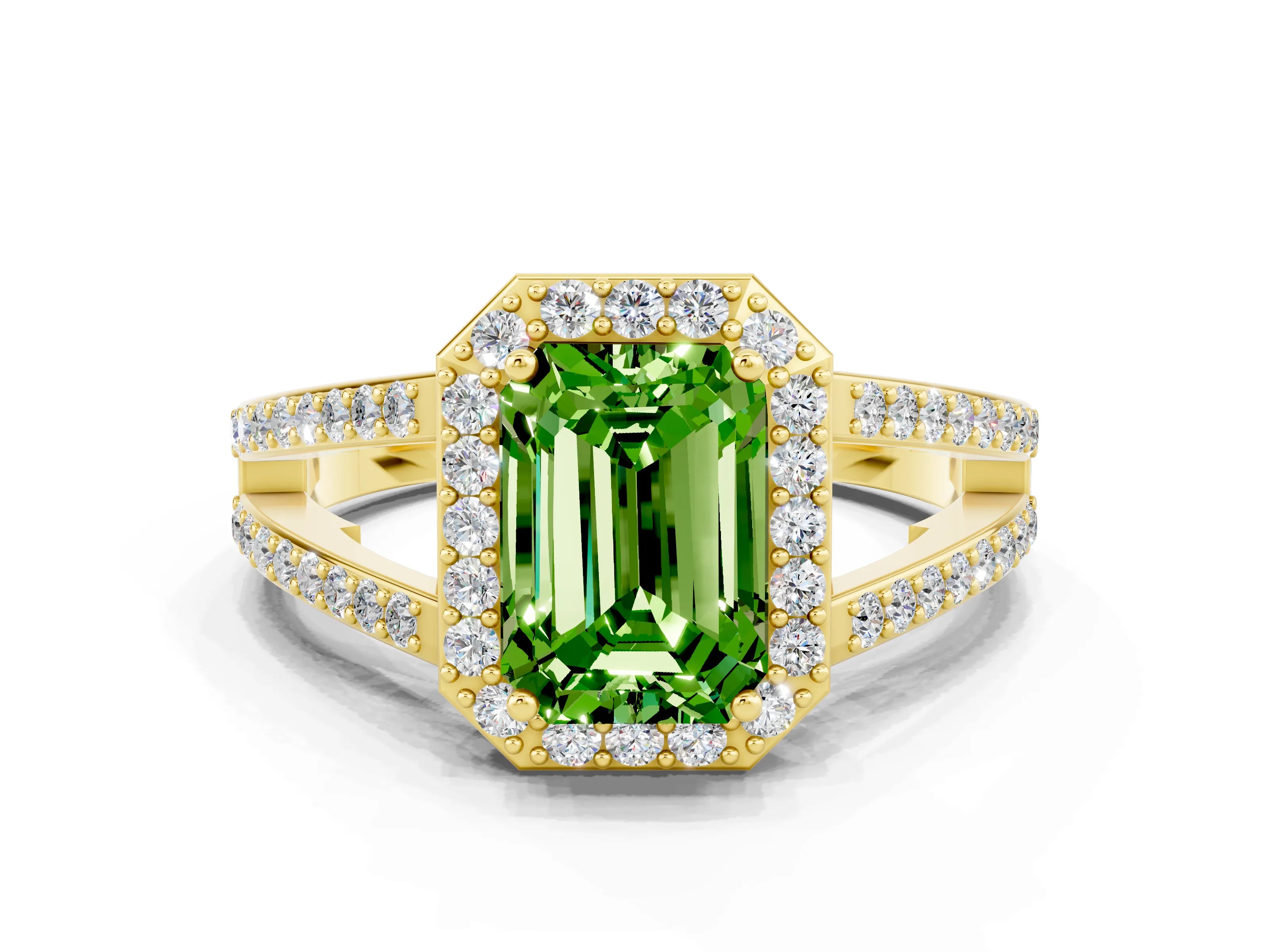 Yellow gold Emerald Cut Peridot Halo Ring with Split Shank U-Prong Band and Four-Prong Setting