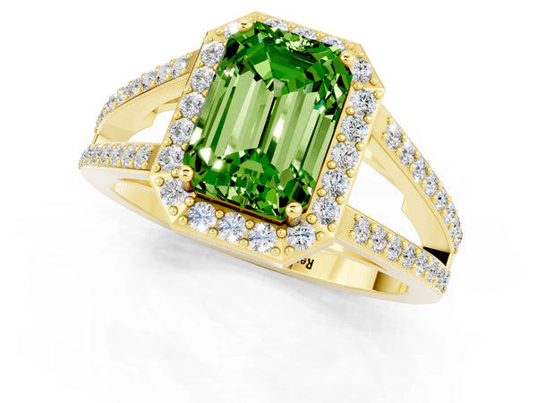 Yellow gold Emerald Cut Peridot Halo Ring with Split Shank U-Prong Band and Four-Prong Setting
