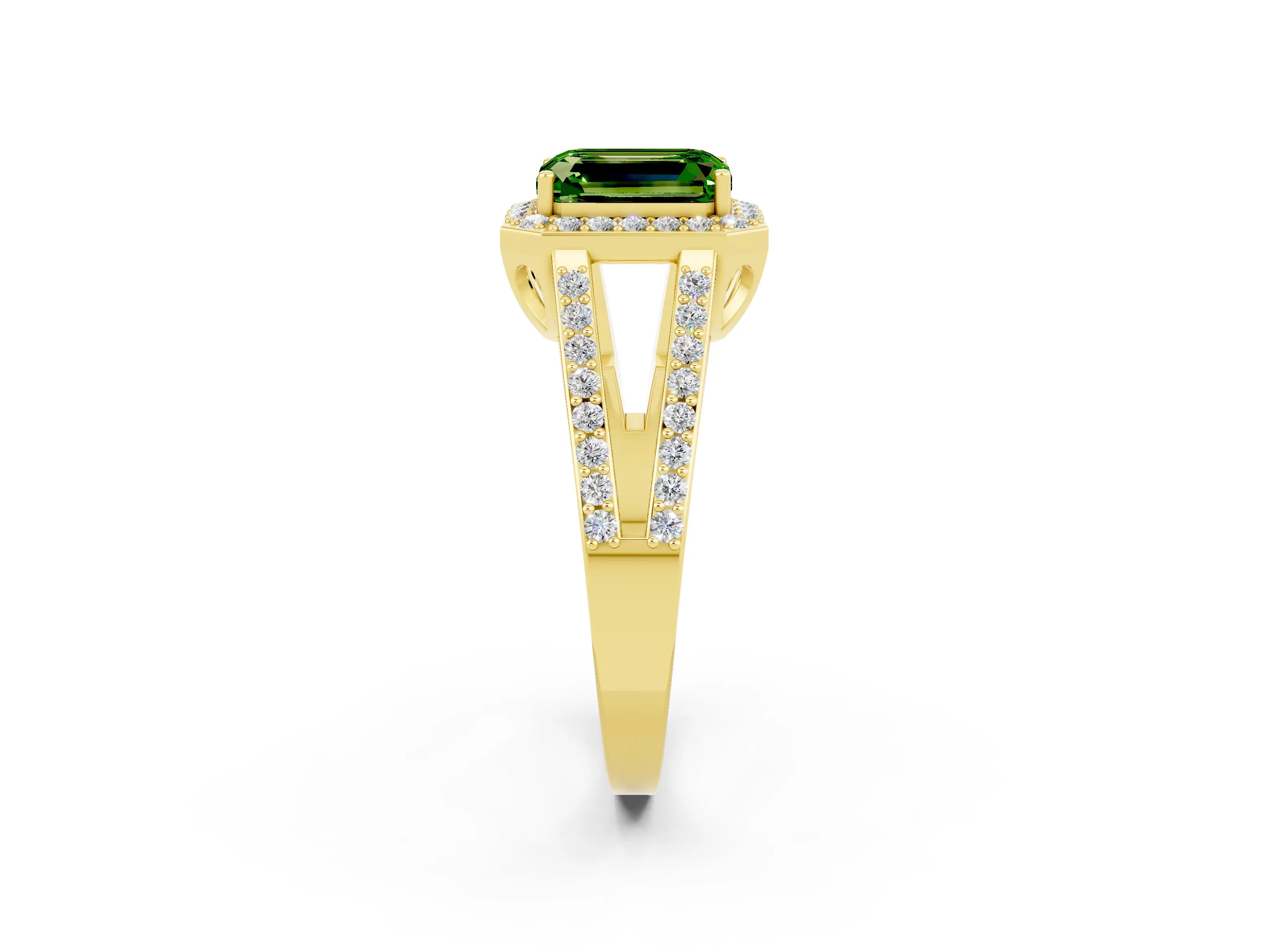 Yellow gold Emerald Cut Peridot Halo Ring with Split Shank U-Prong Band and Four-Prong Setting_2