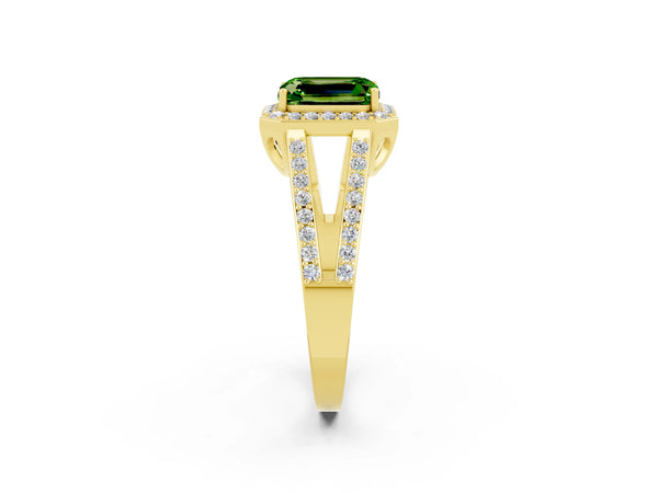 Yellow gold Emerald Cut Peridot Halo Ring with Split Shank U-Prong Band and Four-Prong Setting