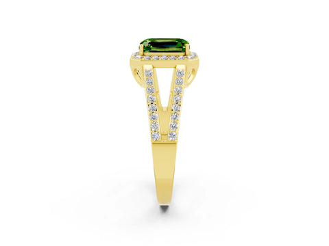 Yellow gold Emerald Cut Peridot Halo Ring with Split Shank U-Prong Band and Four-Prong Setting_2
