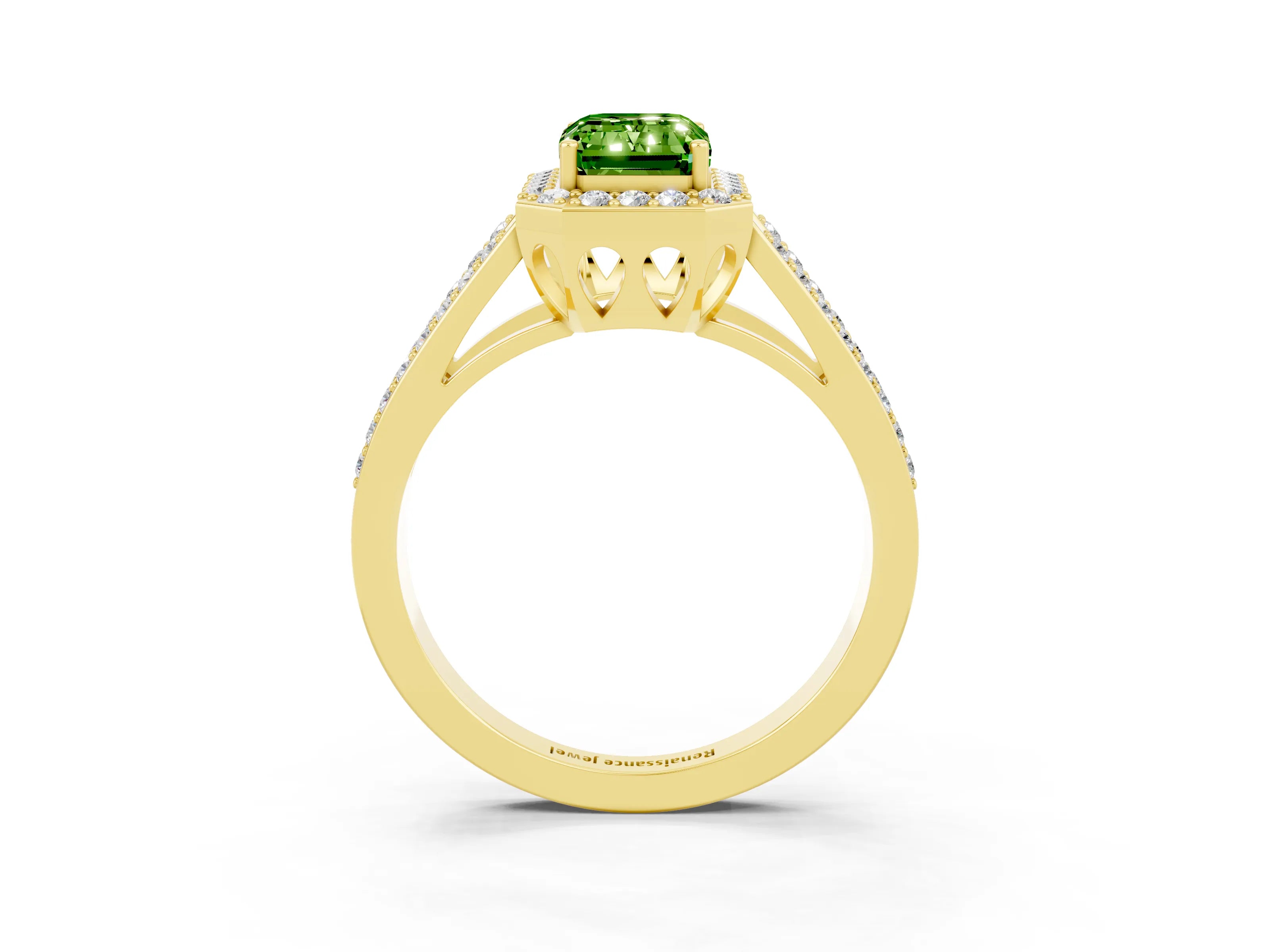 Yellow gold Emerald Cut Peridot Halo Ring with Split Shank U-Prong Band and Four-Prong Setting_3