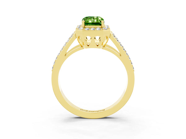 Yellow gold Emerald Cut Peridot Halo Ring with Split Shank U-Prong Band and Four-Prong Setting