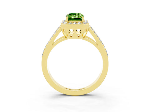 Yellow gold Emerald Cut Peridot Halo Ring with Split Shank U-Prong Band and Four-Prong Setting_3