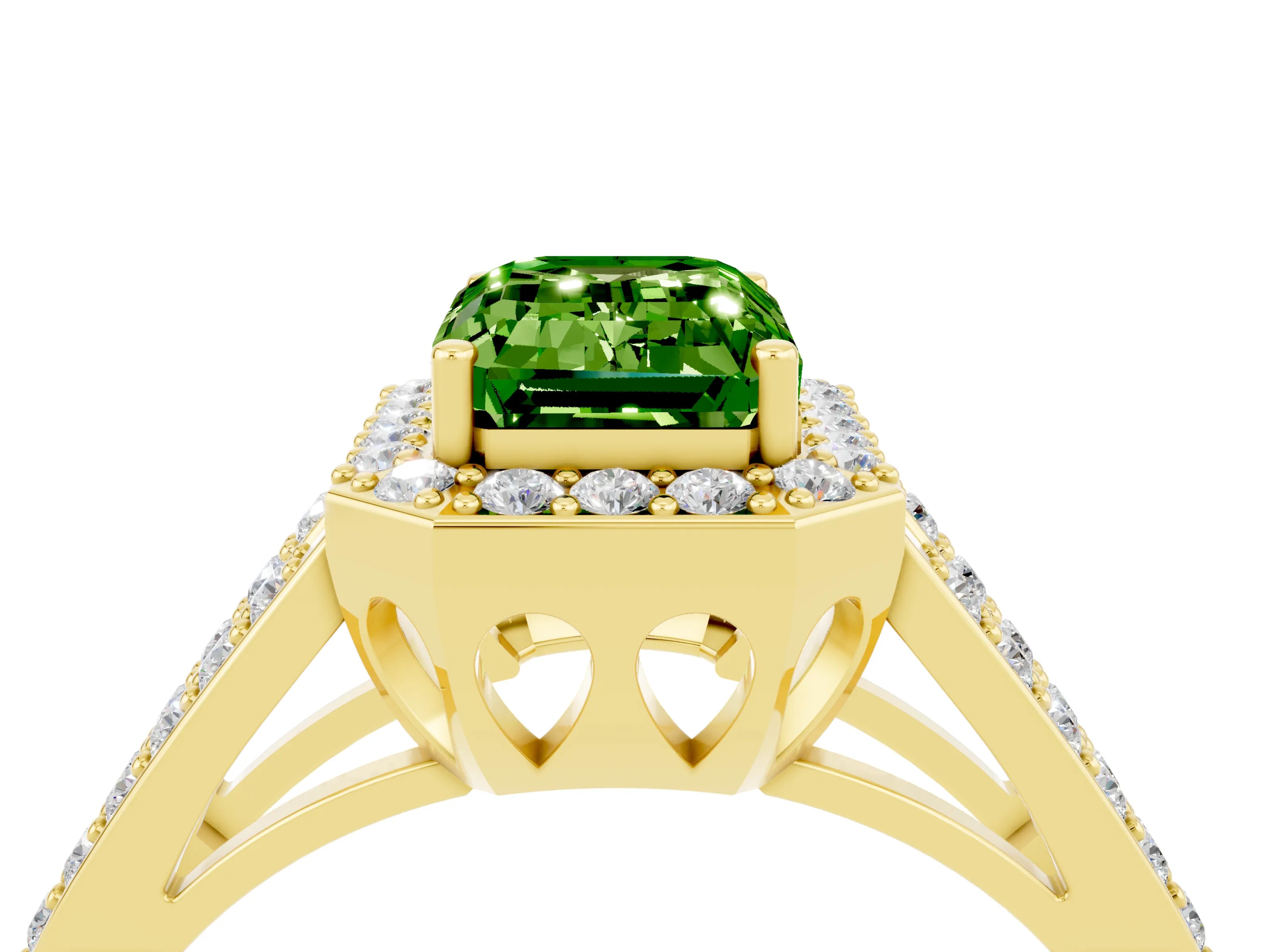 Yellow gold Emerald Cut Peridot Halo Ring with Split Shank U-Prong Band and Four-Prong Setting_4