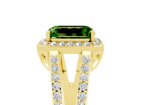 Yellow gold Emerald Cut Peridot Halo Ring with Split Shank U-Prong Band and Four-Prong Setting_5