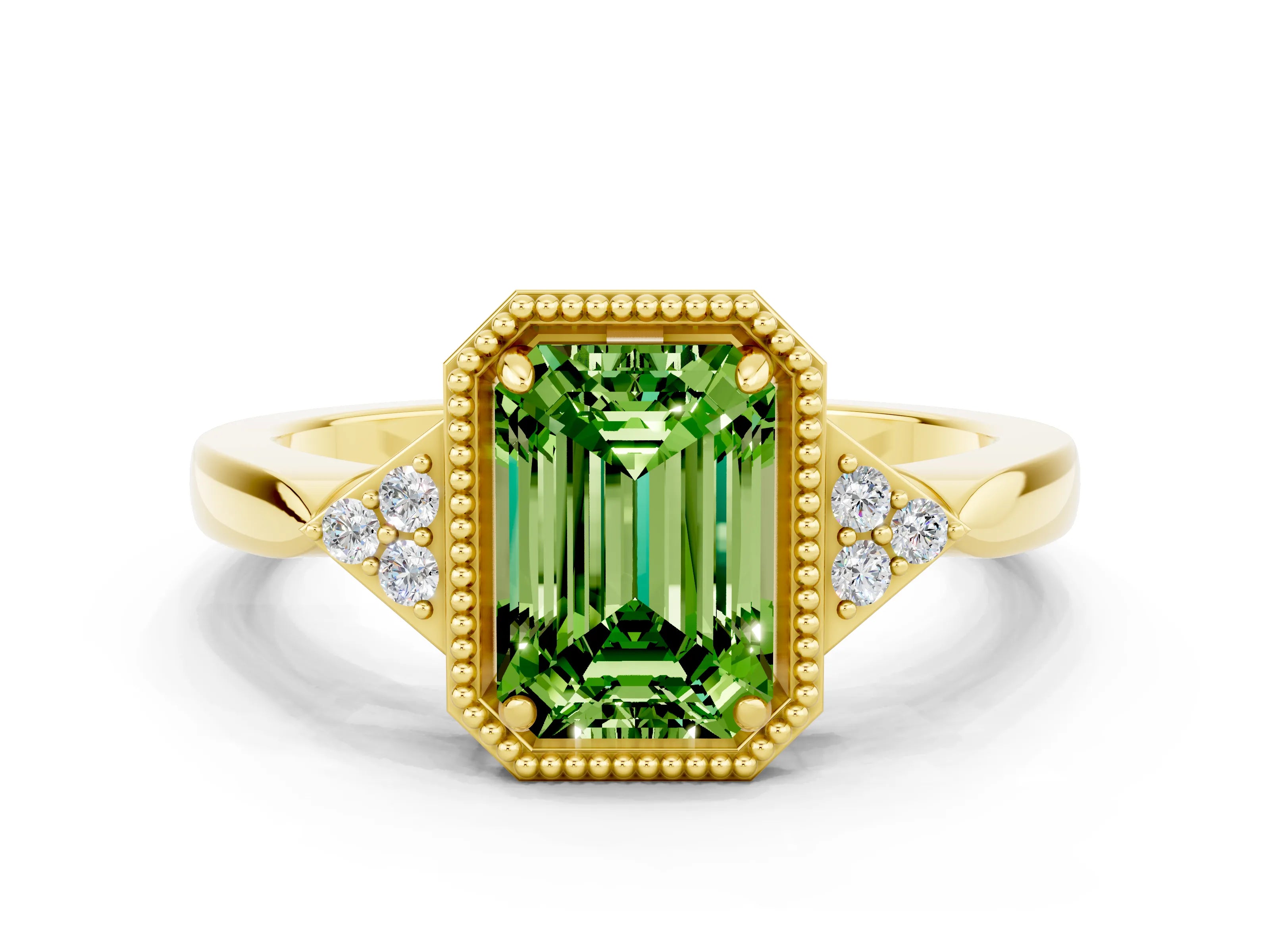 Yellow gold Emerald Cut Peridot Halo Ring with Tapered Band and Four-Prong Setting