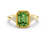 Yellow gold Emerald Cut Peridot Halo Ring with Tapered Band and Four-Prong Setting
